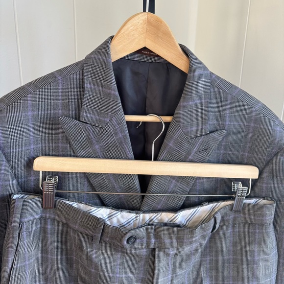 Peter Millar Men’s 46R Slim Fit Gray Purple Plaid Wool Peak Lapel 2pc Suit *NOTE